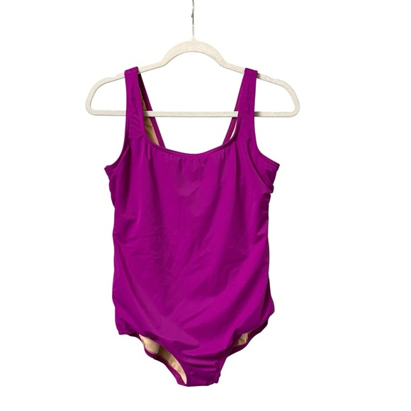 Lands’End magenta purple nylon tugless tummy control swimsuit beach size 14P - Picture 1 of 10